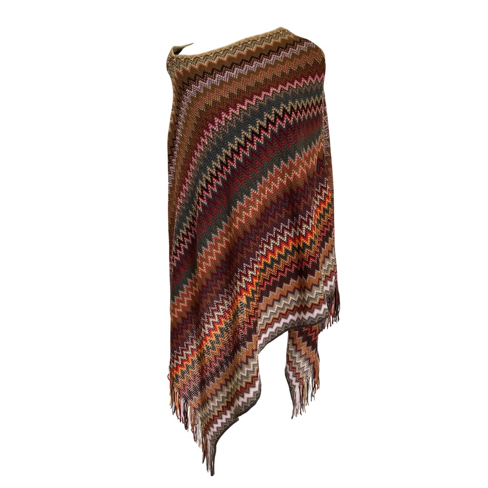 Canyon Sky Boho Zigzag Chevron Knit Poncho Fringe Wrap Earth Tones One Size